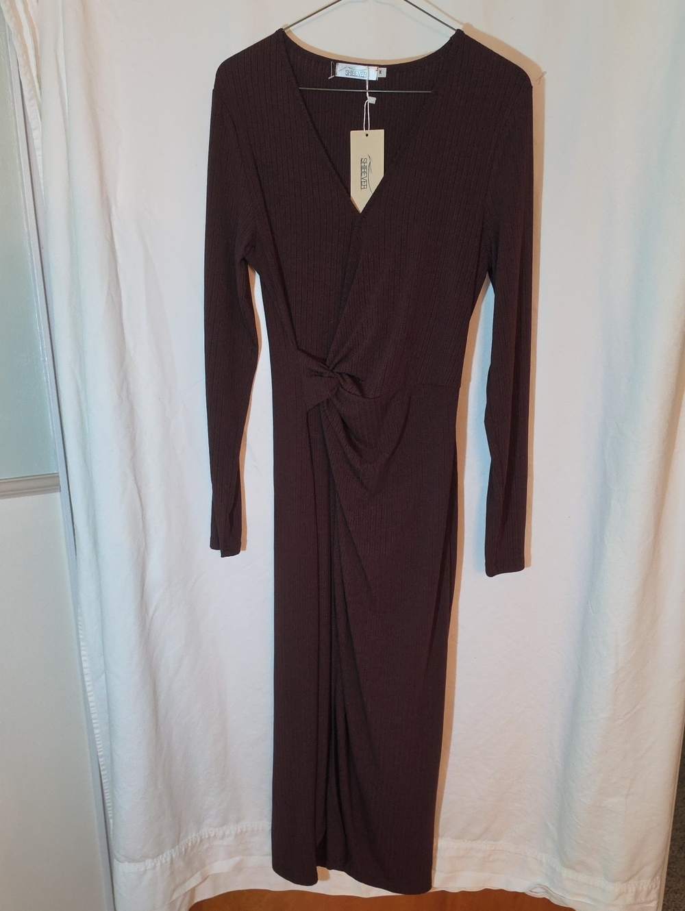 Long Sleeve Brown Knot-Front Wrap Dress